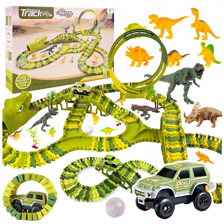 Dinozaur építőpálya szett, Stator, 260 elem, 452cm, 2 nagy dinoszaurusz, 6 kis dinoszaurusz
