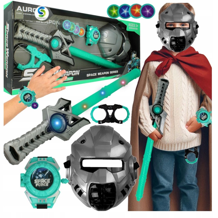 Set costum pentru copii, Stator, sabie luminoasa 57cm, masca supererou, lansator cu 4 discuri, catuse, multicolor