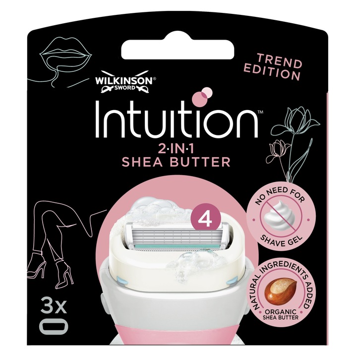 Rezerve pentru parat de ras, Wilkinson Intuition 2in1, 3 buc, cu unt de shea, hidratare ultra, roz