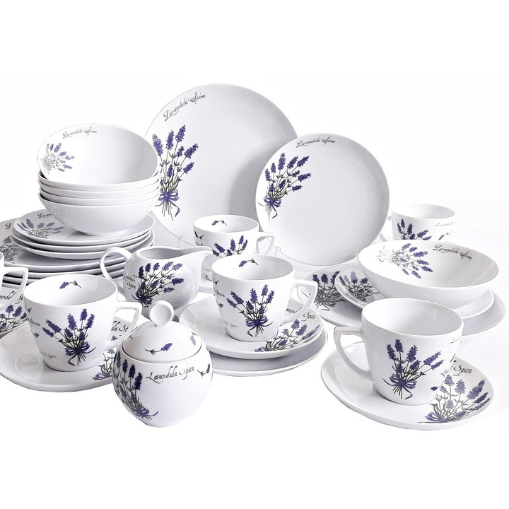 64 részes étkészlet és kávéskészlet, Lubiana, fehér levendula díszítéssel, 12 személyes