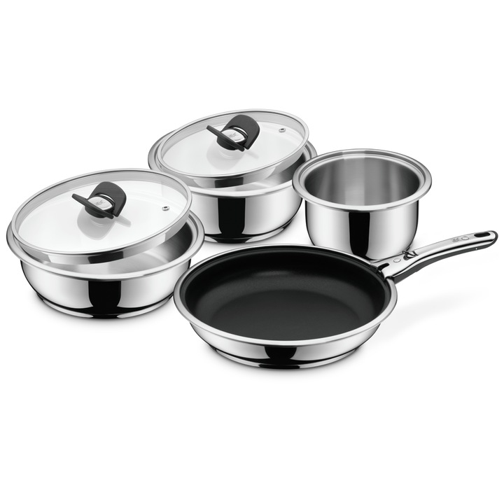 Set 7 piese WMF Click & Serve, cratite 16/20/24 cm, tigaie antiaderenta 28 cm, maner detasabil, capace din sticla, inox, Cromargan®, baza TransTherm®, inductie, argintiu