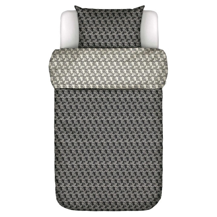Lenjerie de pat Marc O'Polo Monogram, satina din bumbac organic 100%, reversibila, cu fermoar, GOTS, 220 TC, negru/crem, 160 x 200 cm