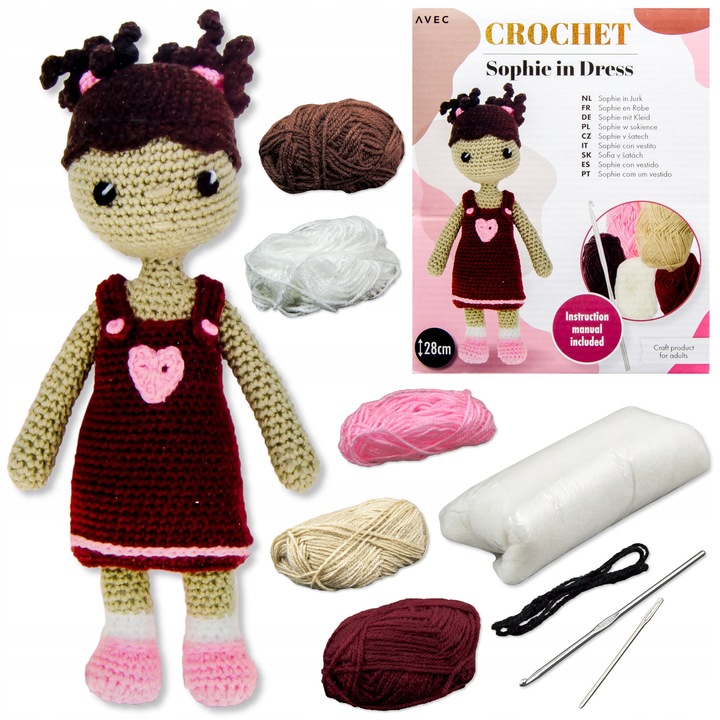 Комплект за плетене на една кука, Avec, момиченце в рокля, 28 см, многоцветен