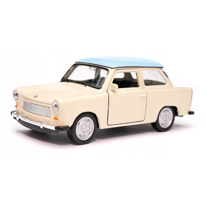 Model masina Trabant 601, Welly, metalic, usi deschise, culoare crem, dimensiuni 11x4,5x4,5cm