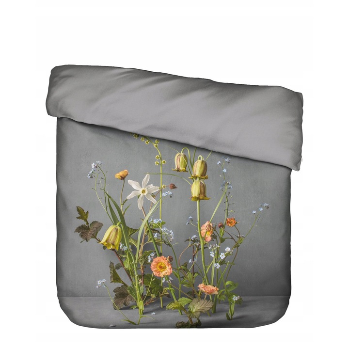 Set Patura Ficaria, 220x200cm, gri, model floral, bumbac