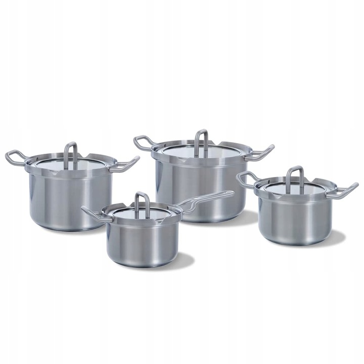 Set 4 piese, oale BK Q-Linair Master Glass, din otel inoxidabil, compatibile cu inductie, capace din sticla, rezistente la cuptor pana la 230°C, Argintiu