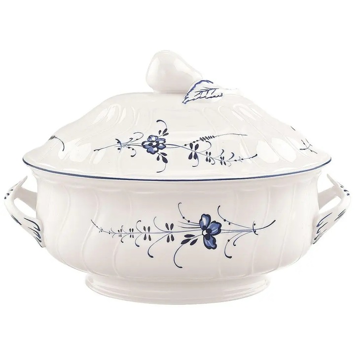 Villeroy&Boch Old Luxembourg levesestál/terrin, prémium porcelán, fedővel és fogantyúkkal, fehér/tengerészkék, 2,7 l