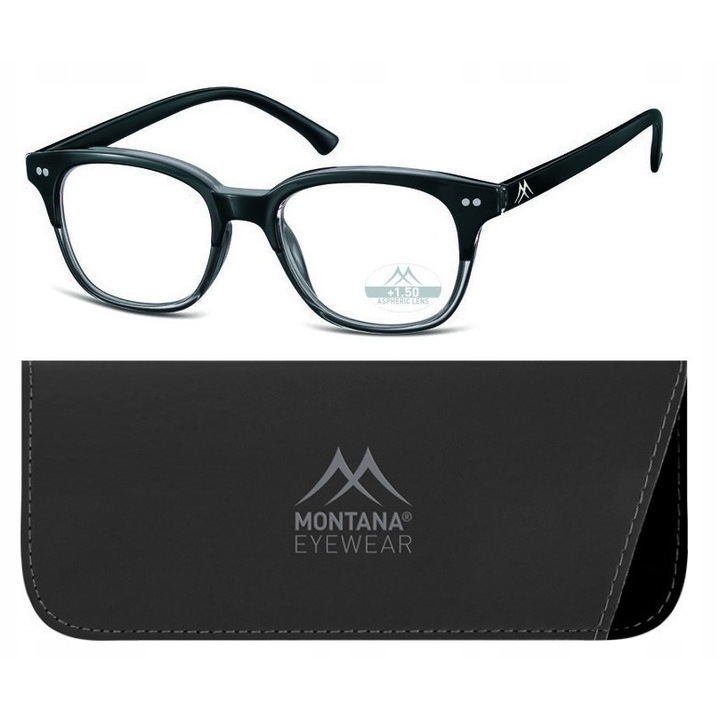 Ochelari de vedere Montana, model MMR82, +1.50, asferici, negri, cu etui, dimensiuni 4,7x4,1cm, 14cm