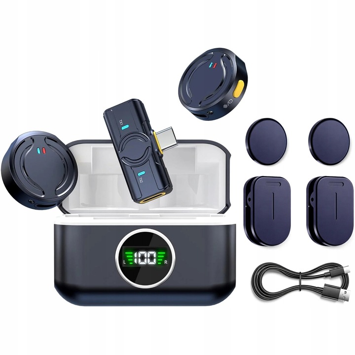 Két vezeték nélküli mikrofon szett zajcsökkentéssel, 2.4 GHz, USB-C, Android és iOS rendszerekhez