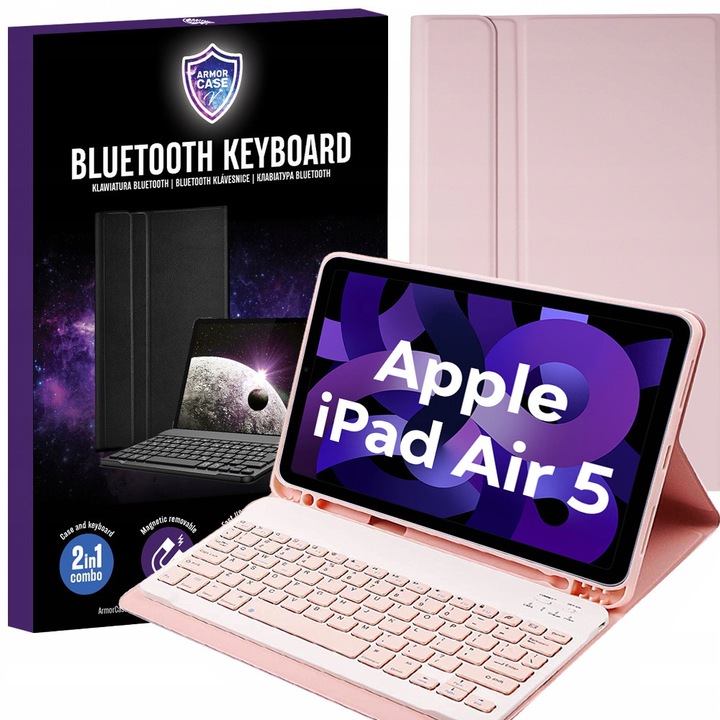 Set etui si tastatura Bluetooth pentru Apple iPad Air 4/5 10.9", roz, cu suport pentru stylus