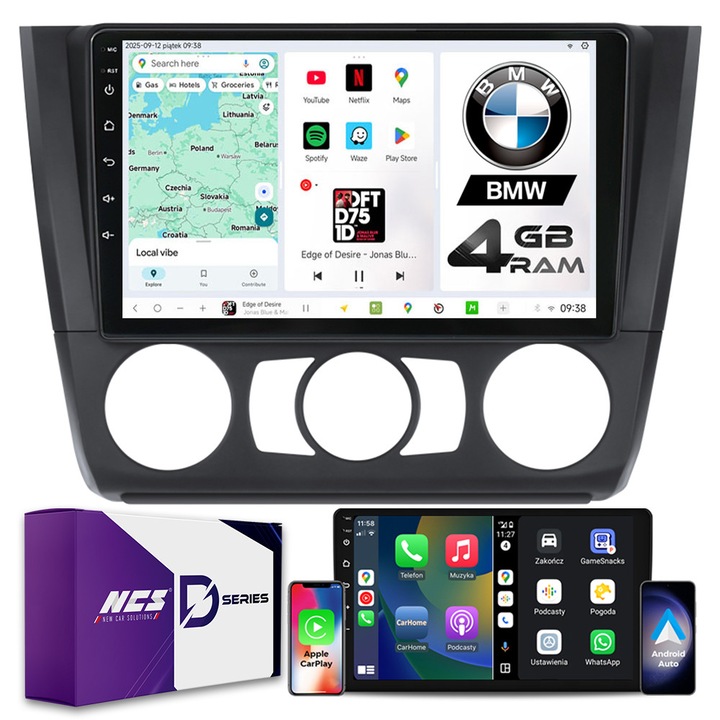Radio multimedia NCS D9 pentru BMW 1 E81 E82 E87 E88, 8 nuclee, 4GB RAM, QLED 9", set complet