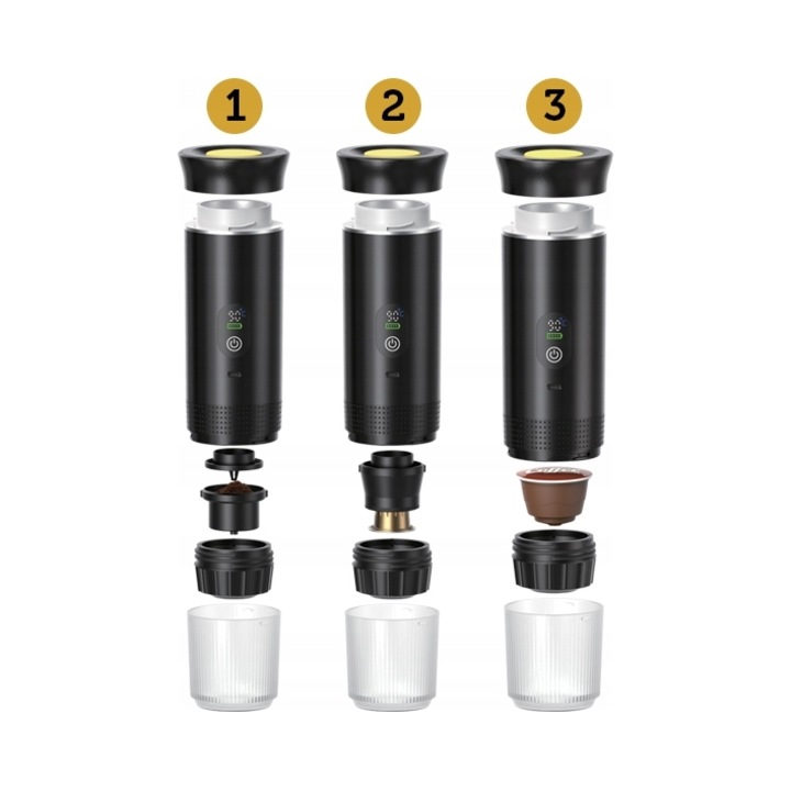 Espressor portabil ActivePlus, fara fir, negru, compatibil cu capsule si cafea macinata
