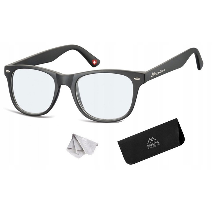 Ochelari de vedere Montana MBLF67, unisex, lentile asferice, protectie blue light, negru, set cu etui si servetel microfibra