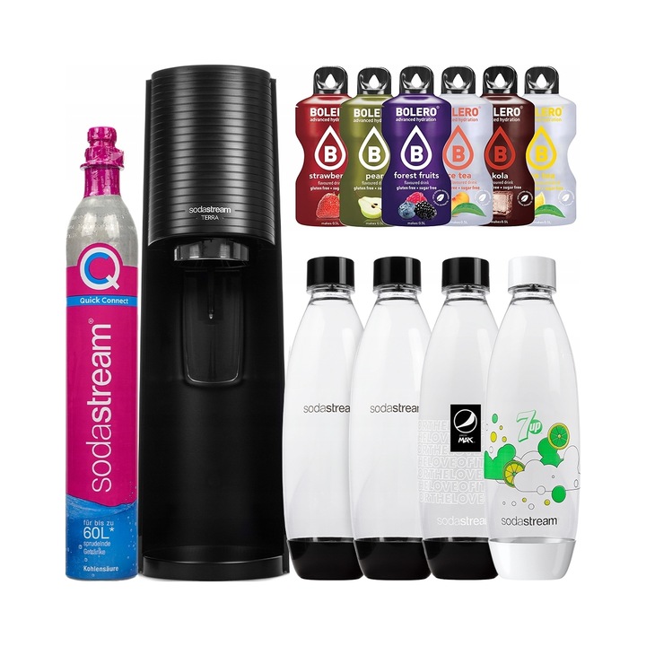 Saturator apa carbogazoasa SodaStream Terra, set complet, 3 butelii, 6 plicuri Bolero, negru, 42.8x13.3x19.5cm