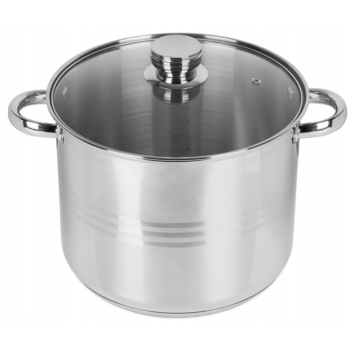 Oala din otel inoxidabil 15L Topfann, 30cm, inalta, cu capac din sticla, pentru toate tipurile de plite