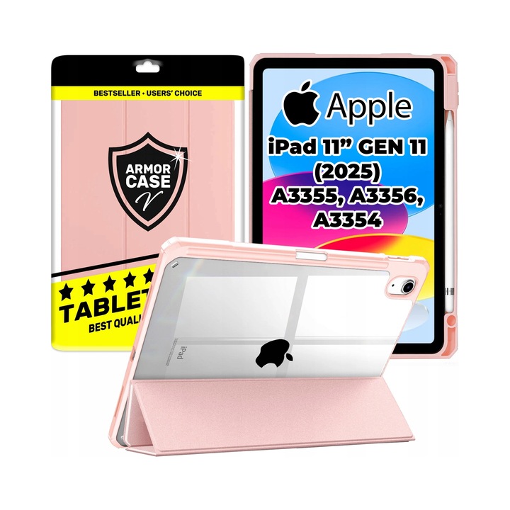 Husa de protectie pentru Apple iPad 11", Generatia 11 (2025), roz, cu suport pentru Apple Pencil, design transparent