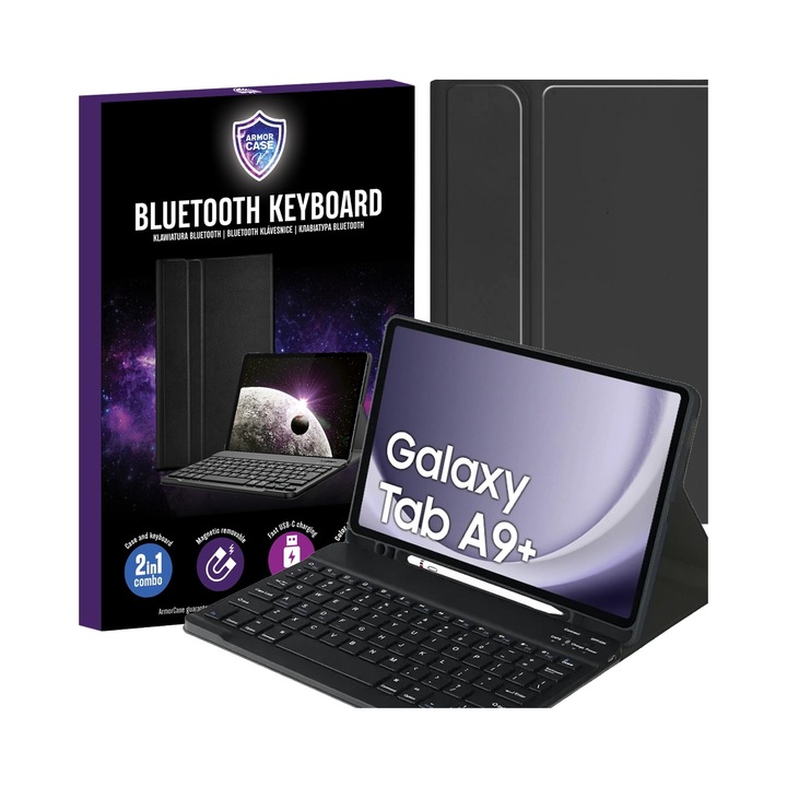 Husa cu tastatura pentru Samsung Galaxy Tab A9 + Plus 11.0" 2023, neagra, cu suport pentru stylus, set complet