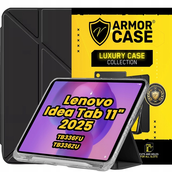 Etui de protectie pentru tableta Lenovo Idea Tab 11" 2025, ArmorCase, negru, cu suport pentru stylus, functie de suport, constructie pliabila
