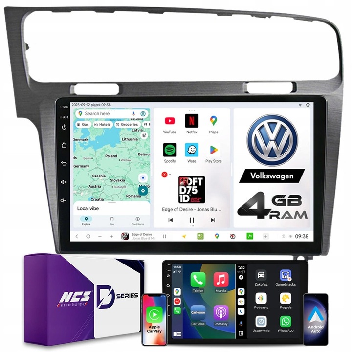 Radio multimedia NCS D10, compatibil Volkswagen Golf VII (2012-2020), 8-core, 4GB RAM, QLED 10", LTE, set complet