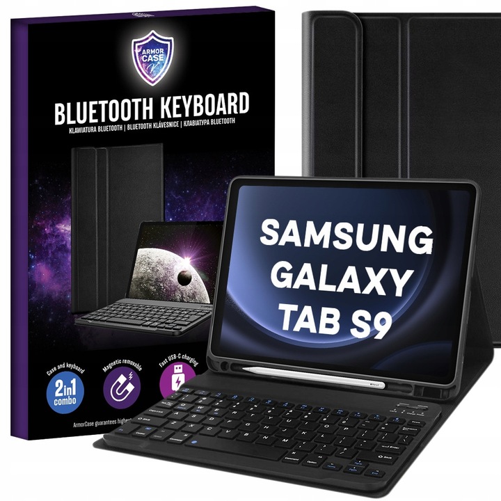Husa cu tastatura pentru Samsung Galaxy Tab S9 11" (2023), neagra, cu suport pentru stylus, set complet