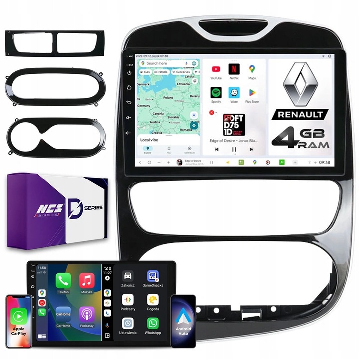 Radio multimedia NCS D10 pentru Renault Clio IV 2012-2018, 10" QLED, 4GB RAM, LTE, set complet