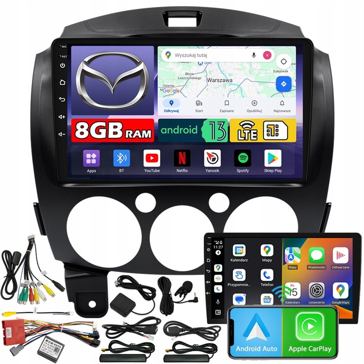 Radio auto NCS ZQ9, 9" QLED, 8GB RAM, LTE, pentru Mazda 2 2007-2014, set complet