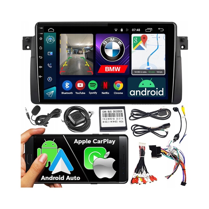 NCS 2DIN autórádió BMW E46 1998-2005-höz, 7" érintőképernyő, Android 12, Bluetooth, teljes készlet