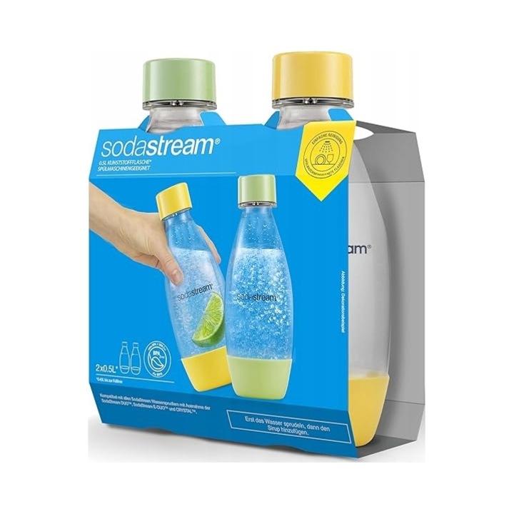 Комплект 2 бутилки SodaStream 0,5L, подходящи за съдомиялна машина, зелен/жълт