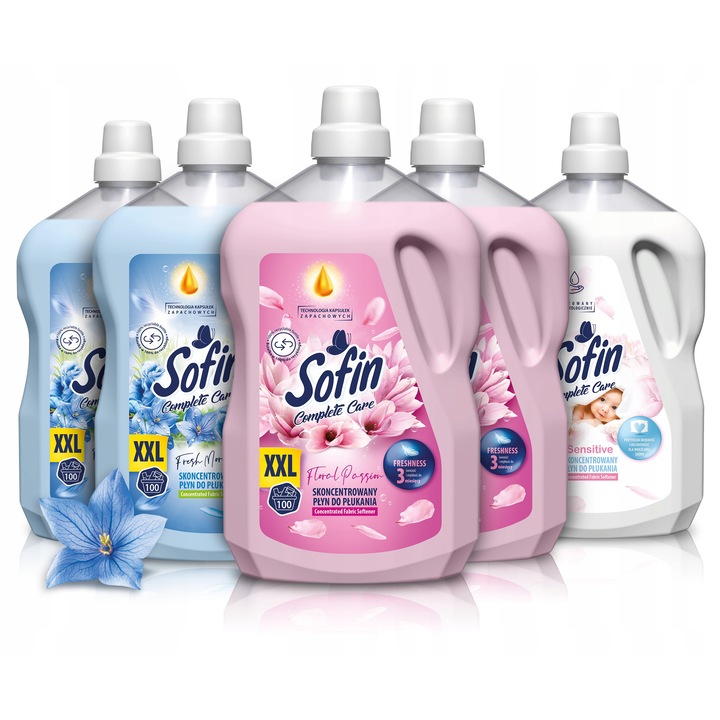 Sofin Complete Care öblítő szett, 5x2,5L, Floral Passion, Fresh Morning, Sensitive, 100 mosás/flakon