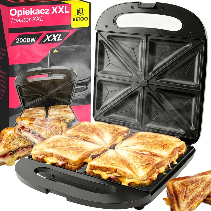 Retoo Opiekacz Szendvicssütő XXL 2000W, 4 Szendvics, Tapadásmentes Felület, Modern Design