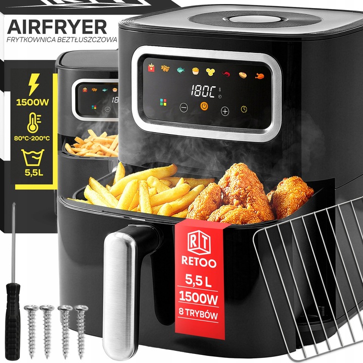 Фритюрник Retoo, Airfryer, 1450W, 5,5L, 8 програми