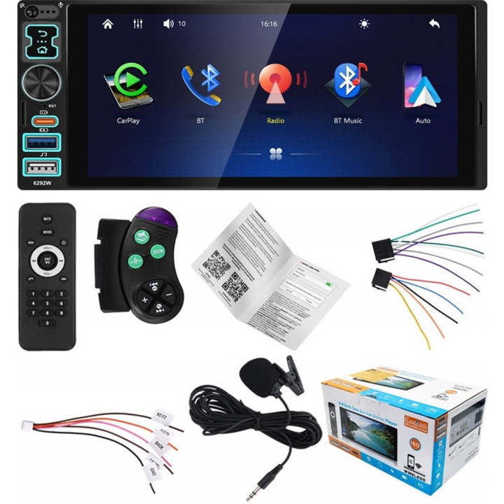 Radio auto 1 DIN, 6,8", Bluetooth, 3 porturi USB, set complet