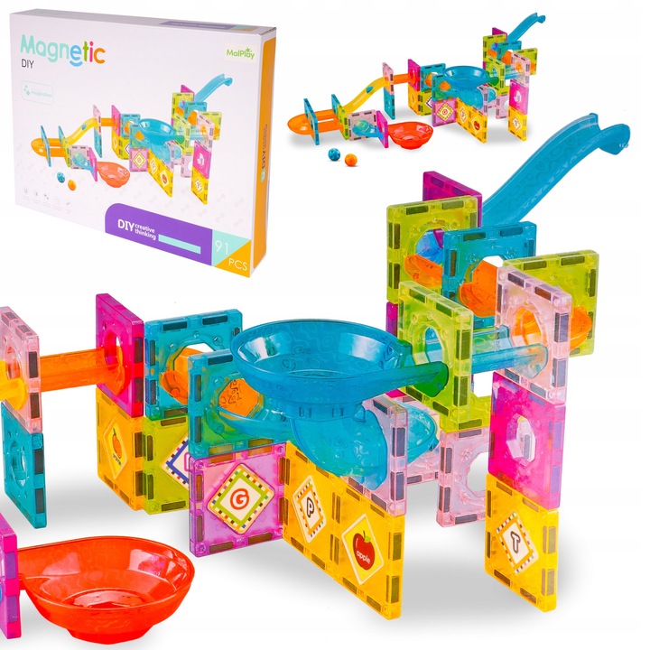 Set de constructie magnetica 3D MalPlay, 91 piese, culori transparente, pentru varsta 3+