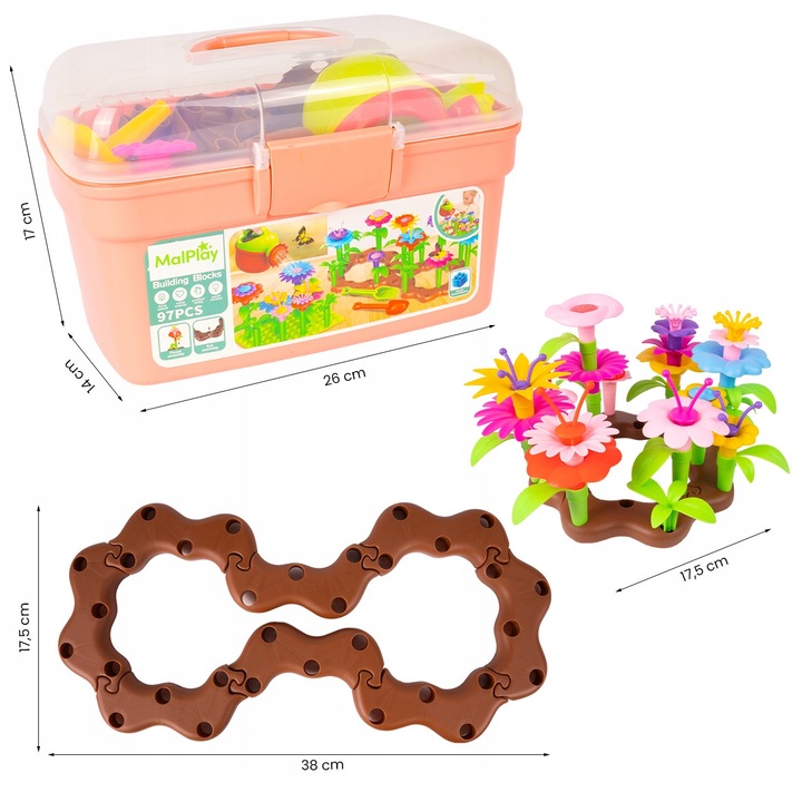 Set de constructie creativ cu flori, MalPlay, 97 elemente, multicolor, 26x14x17cm