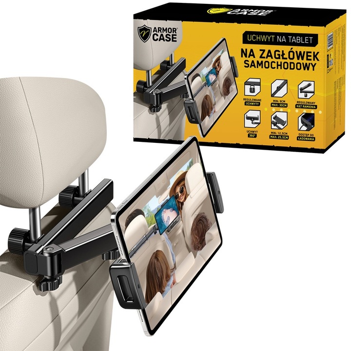 Suport auto pentru tableta si telefon pe tetiera, ArmorCase, aluminiu, ajustabil, negru