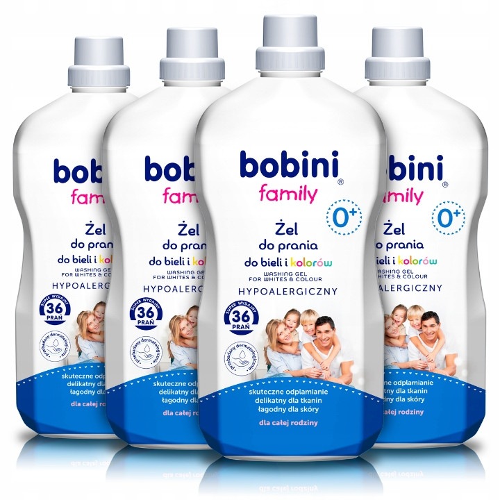 Bobini Family hipoallergén gél fehér és színes ruhák mosásához, 4x1,8l, 144 mosás