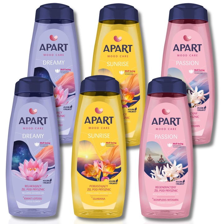 Apart Mood Care tusfürdő szett, 6x500ml, Sunrise, Passion, Dreamy, érzékeny és allergiás bőrre