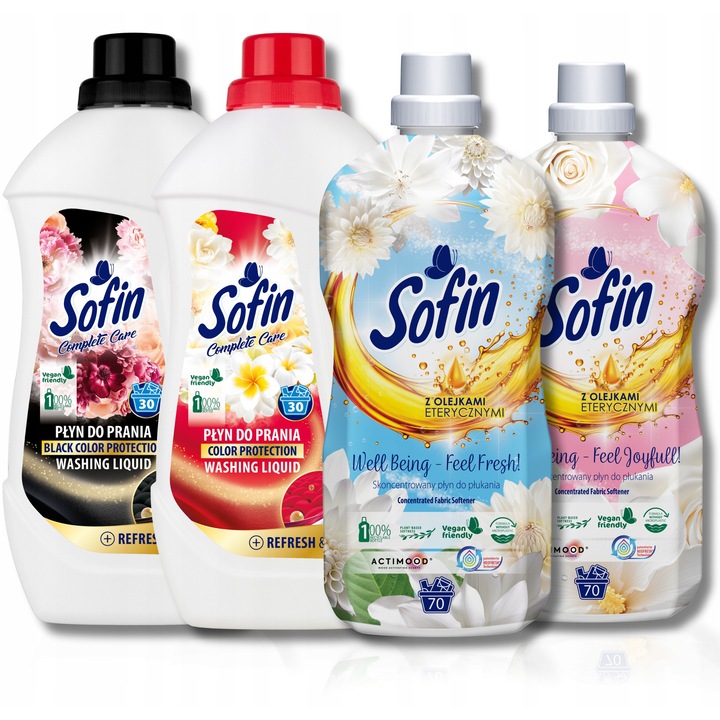 Sofin mosószer szett, 2x1,5L színes ruhákhoz, 2x1,4L balzsam illóolajokkal, többszínű