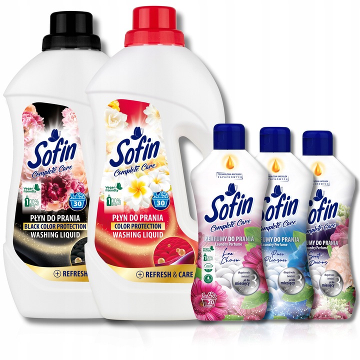 Sofin Complete Care mosószer szett 1,5l x2, ruhaillatosító 300ml x3, színvédelem, hatékony alacsony hőmérsékleten is