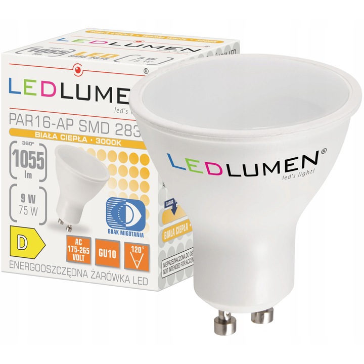 Bec LED PAR16 GU10 9W 1055lm 4000K, A++, 2 darabos készlet