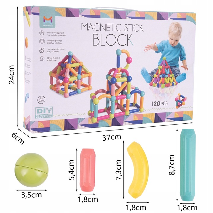Set de constructie magnetica MalPlay, 120 elemente, stimuleaza creativitatea, coordonare mana-ochi, multicolor, 37x24x6cm