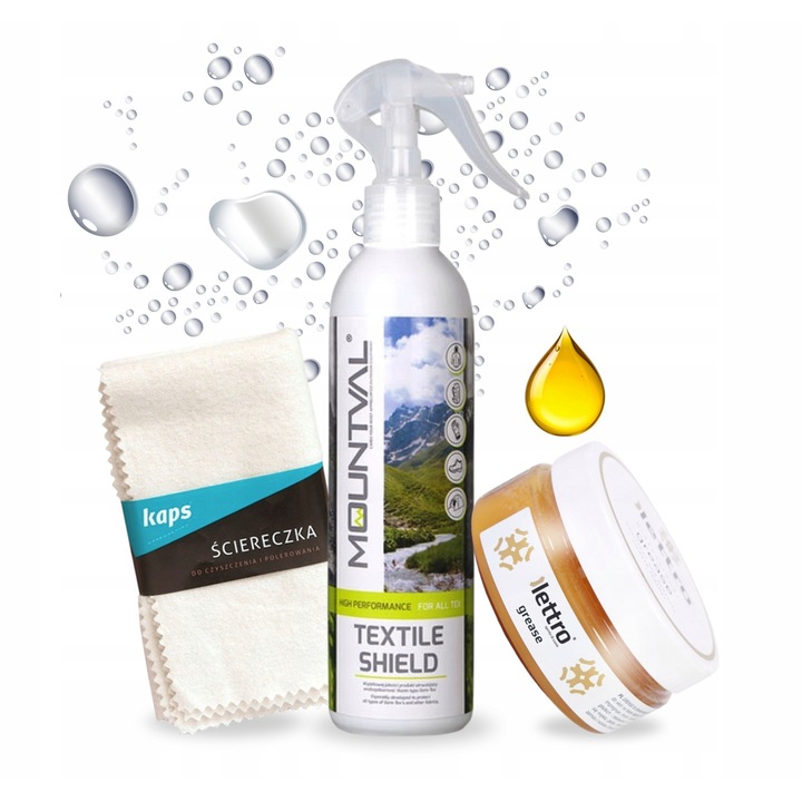 Set 3 in 1 pentru ingrijirea incaltamintei si imbracamintei, Kaps, stergator bumbac 30x33cm, spray impermeabil 300ml, crema pentru piele 100ml