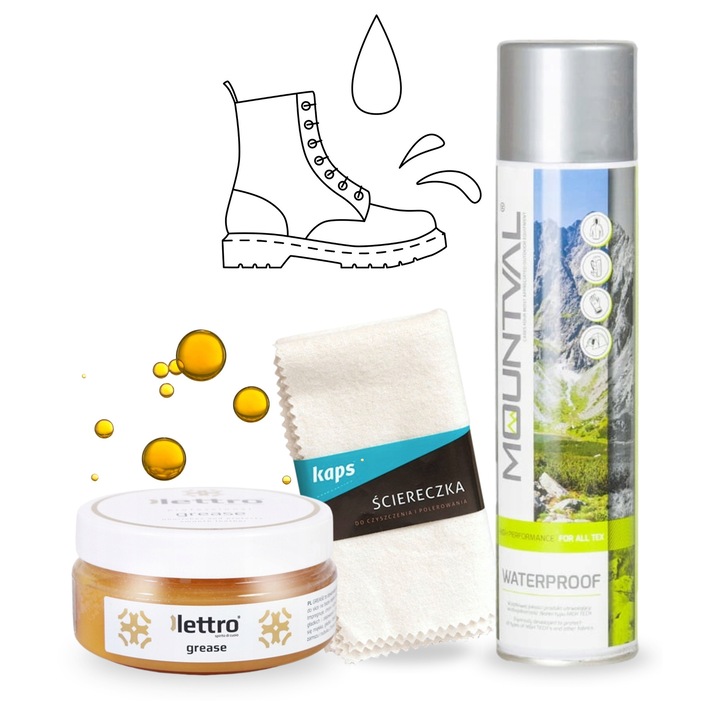 Set 3in1 pentru Ingrijirea Incaltamintei, Kaps, Spray Waterproof 400 ml, Crema pentru Piele 100 ml, Stergator Bumbac 30x33 cm