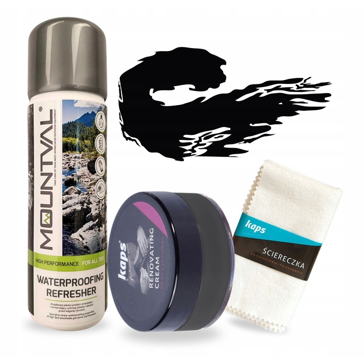 Set 3 in 1 pentru ingrijirea incaltamintei, Kaps, crema de renovare 25 ml, spray impermeabil 300 ml, carpa bumbac 30x33 cm, negru