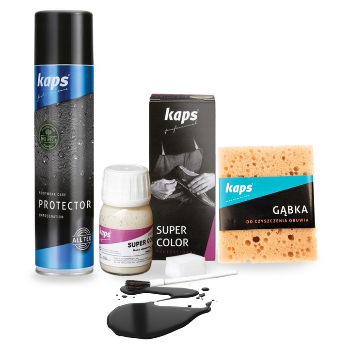 Set 3in1 pentru Ingrijirea Incaltamintei, Kaps, Curatare, Impermeabilizare, Vopsea Neagra