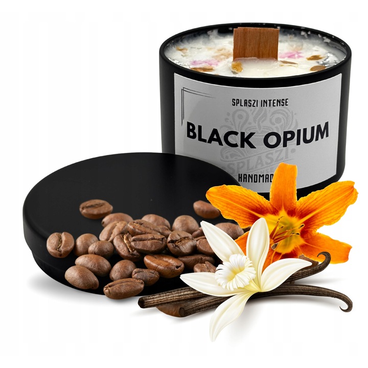 Lumanare parfumata din ceara de soia 120 ml, Black Opium, cu fitil din lemn, ecologica, in cutie neagra mata