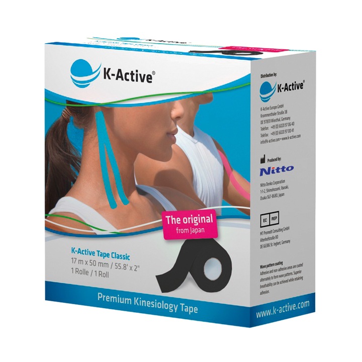 Banda kinesiology K-Active, 17m x 5cm, neagra, originala, pentru recuperare sportiva