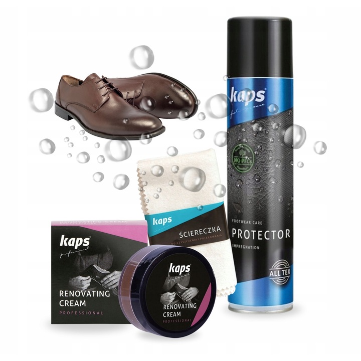 Set 3in1 pentru Ingrijirea Incaltamintei, Kaps, Stergator Bumbac 30x33cm, Spray Protector PFC Free 400ml, Crema Renovare 25ml Culoare Ciemna