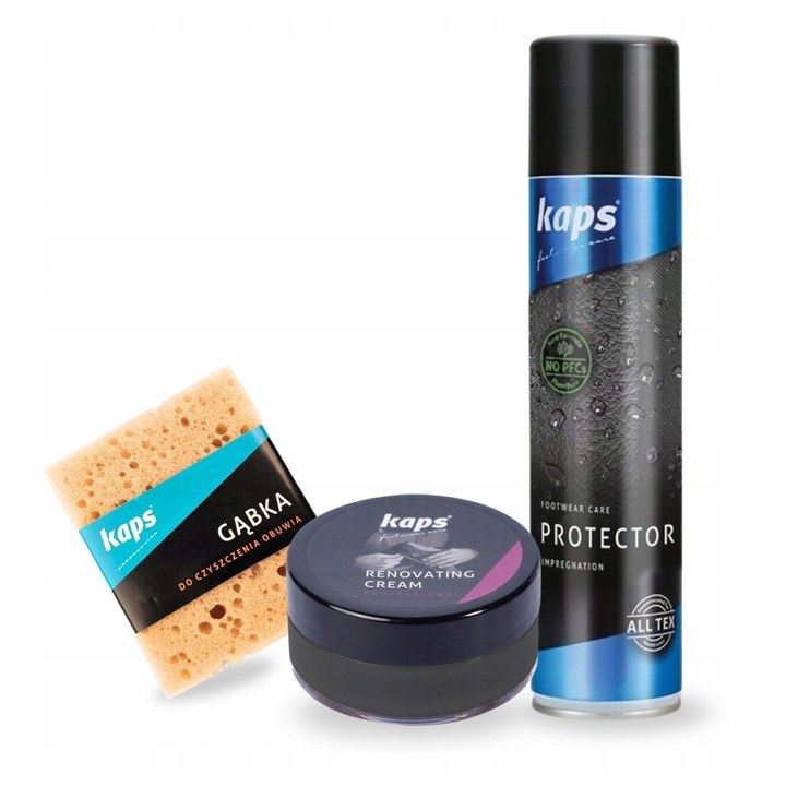 Set de Ingrijire Incaltaminte Kaps, Crema Renovare 25 ml, Protector 400 ml, Burete de Curatare, Negru
