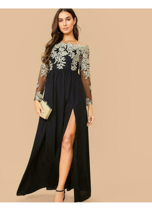 Rochie maxi, SHEIN, neagra, broderie aurie, stil bardot, 40-42 EU